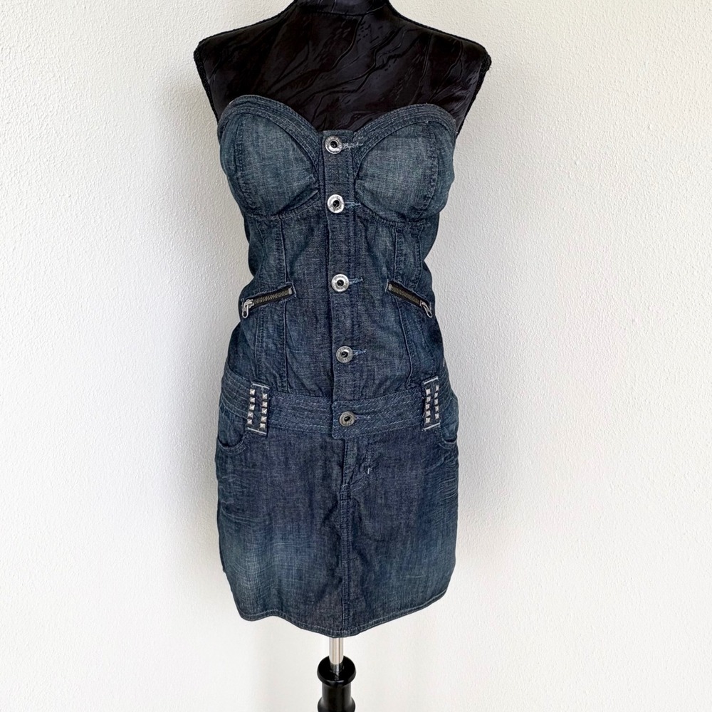 Vintage Y2K Guess Studded Strapless Denim Mini Dress XL Blue